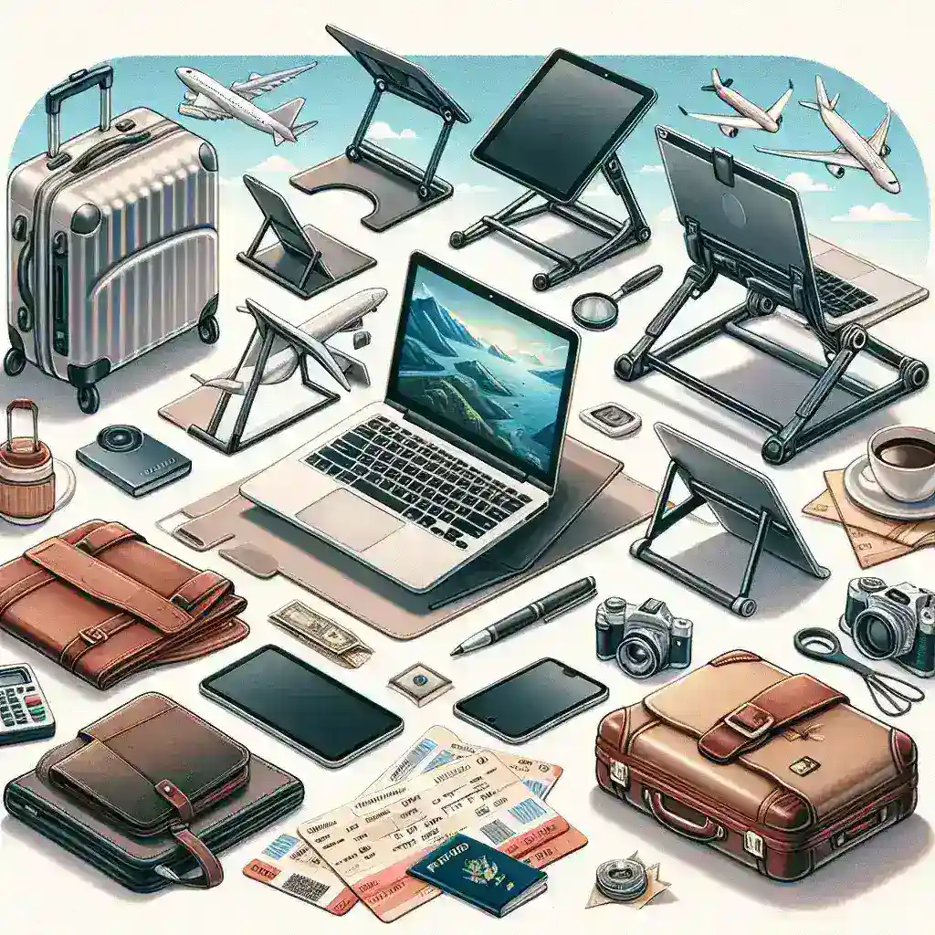 "Suportes para notebook dobrável em comparação, ideal para uso em viagens - imagem mostrando diferentes modelos de suportes portáteis, destacando características como leveza, portabilidade e design ergonômico."