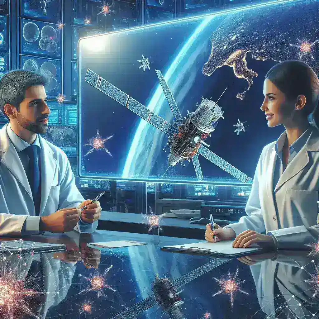 Alt text: "Agência Espacial Brasileira engineers collaborating on nanosatellite development project"