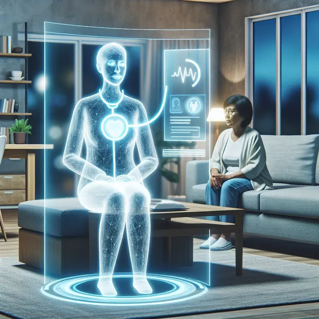 "Assistente de enfermagem virtual em ação, monitorando pacientes em casa com tecnologia avançada. Startup inovadora utilizando IA para cuidados de saúde remotos."
